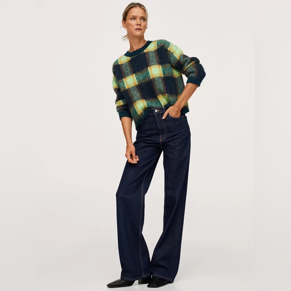 Mango Textured Plaid Oversized Boxy Sweater - Cozy Grandpa Blue / Green Large